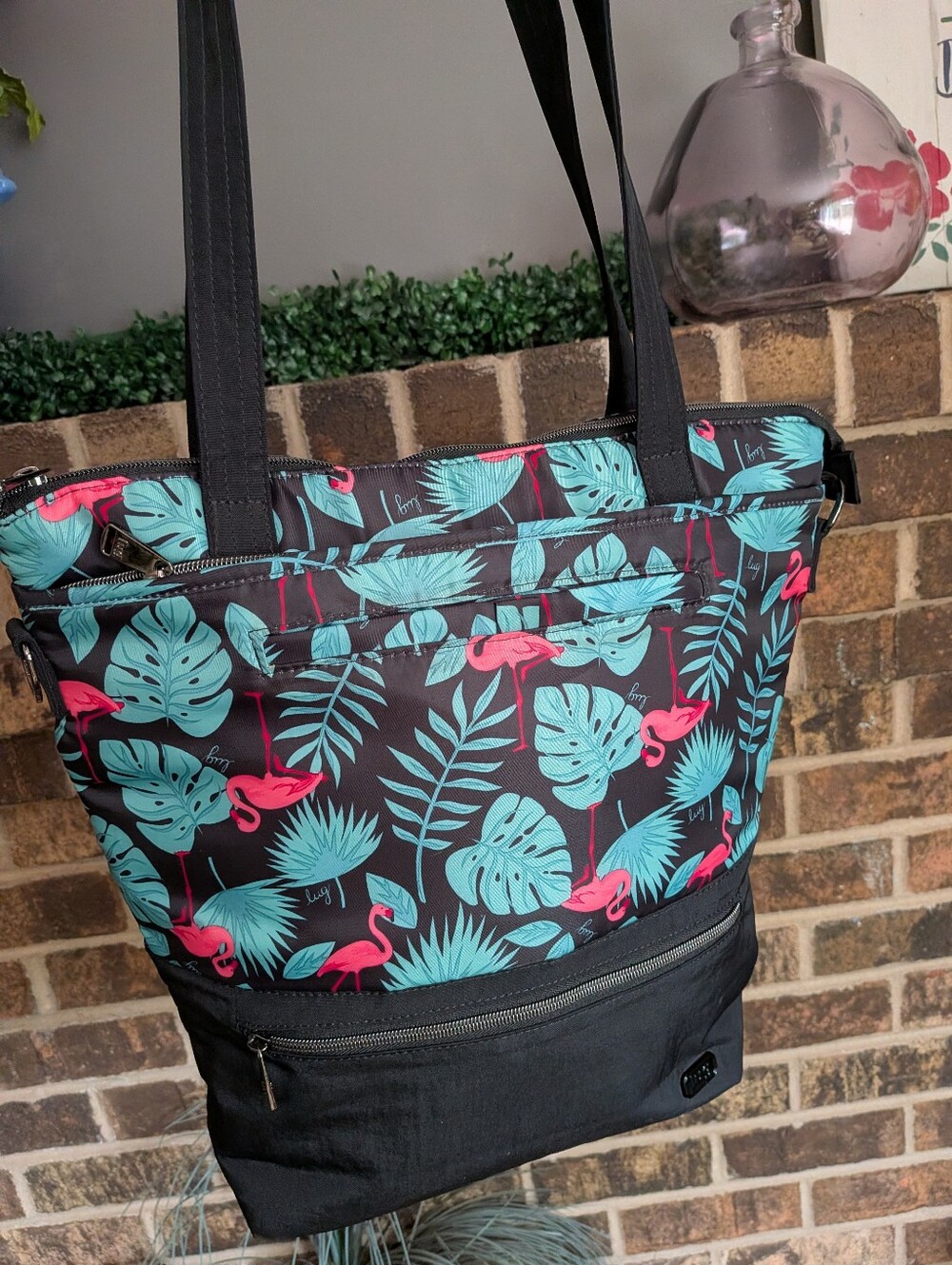 Lug Whirl Tropical Flamingo Tote Bag - Black with Teal & Pink Print